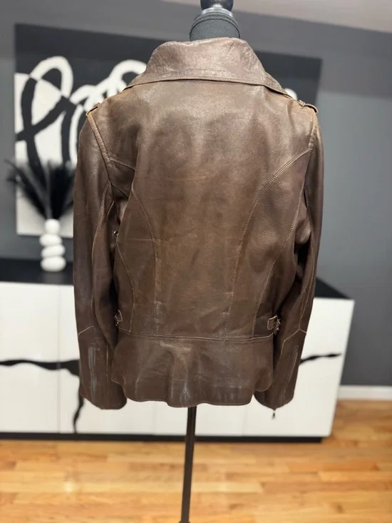 Andrew Marc New York Dark Brown Leather High Collar Jacket Womens XL Classic Y2K